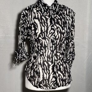Caviar Petite S Black White Abstract Print Button Blouse Ruffle Sleeve